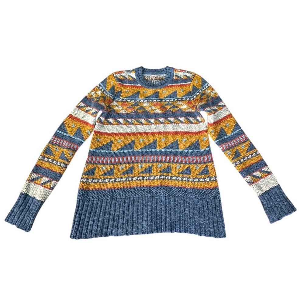 L.L. Bean Signature Women's Cotton Slub Sweater Small Fair Isle Blue Yellow